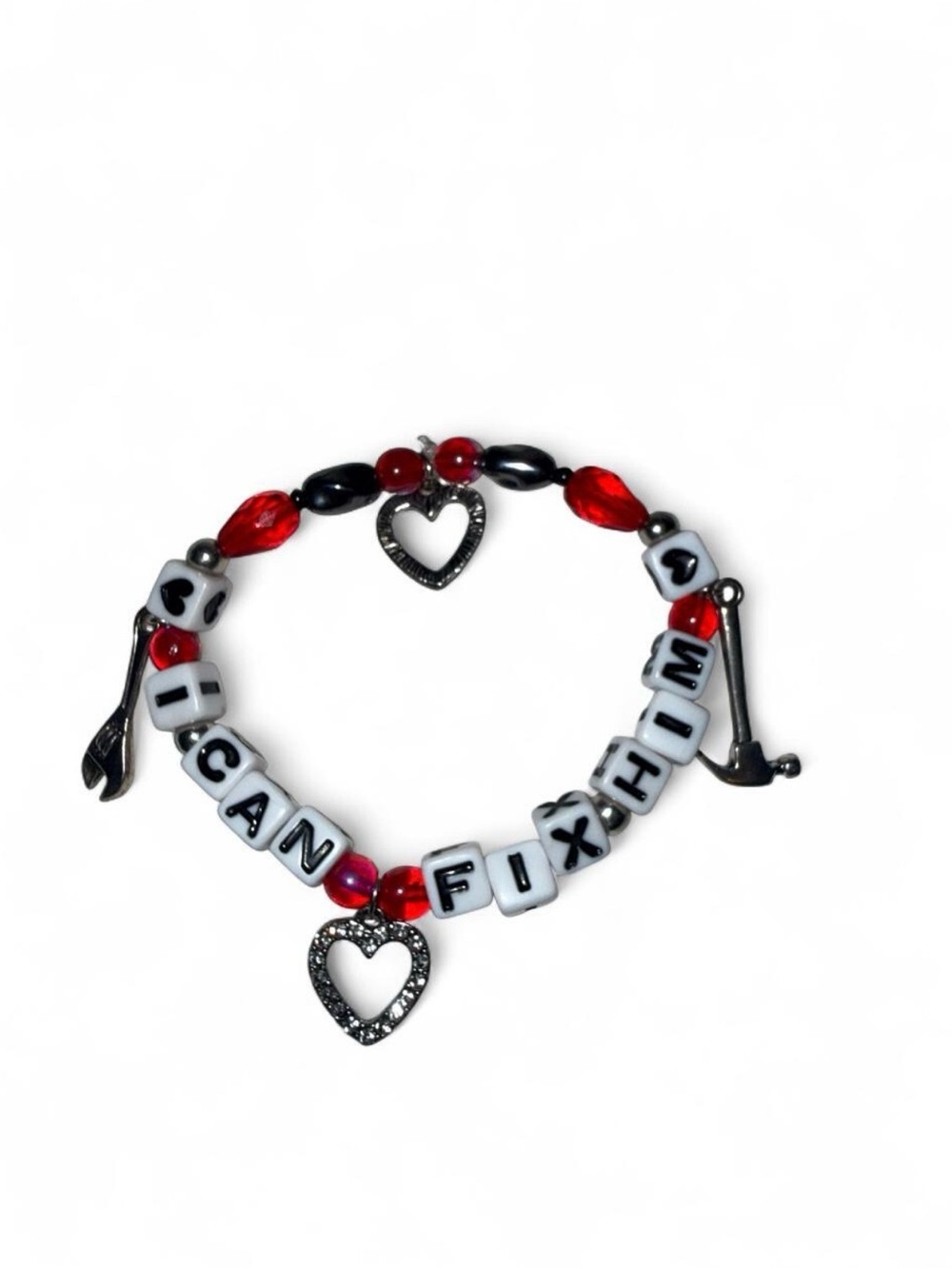 Red & Black Inspirational Letter-Bead Bracelet with Heart Charms